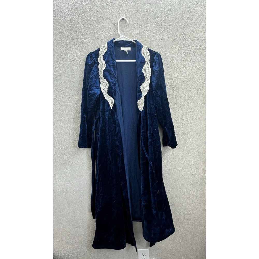 Komar Womens Robe Size Small Blue Velour Lace Nightgown Housecoat Vintage 80s
